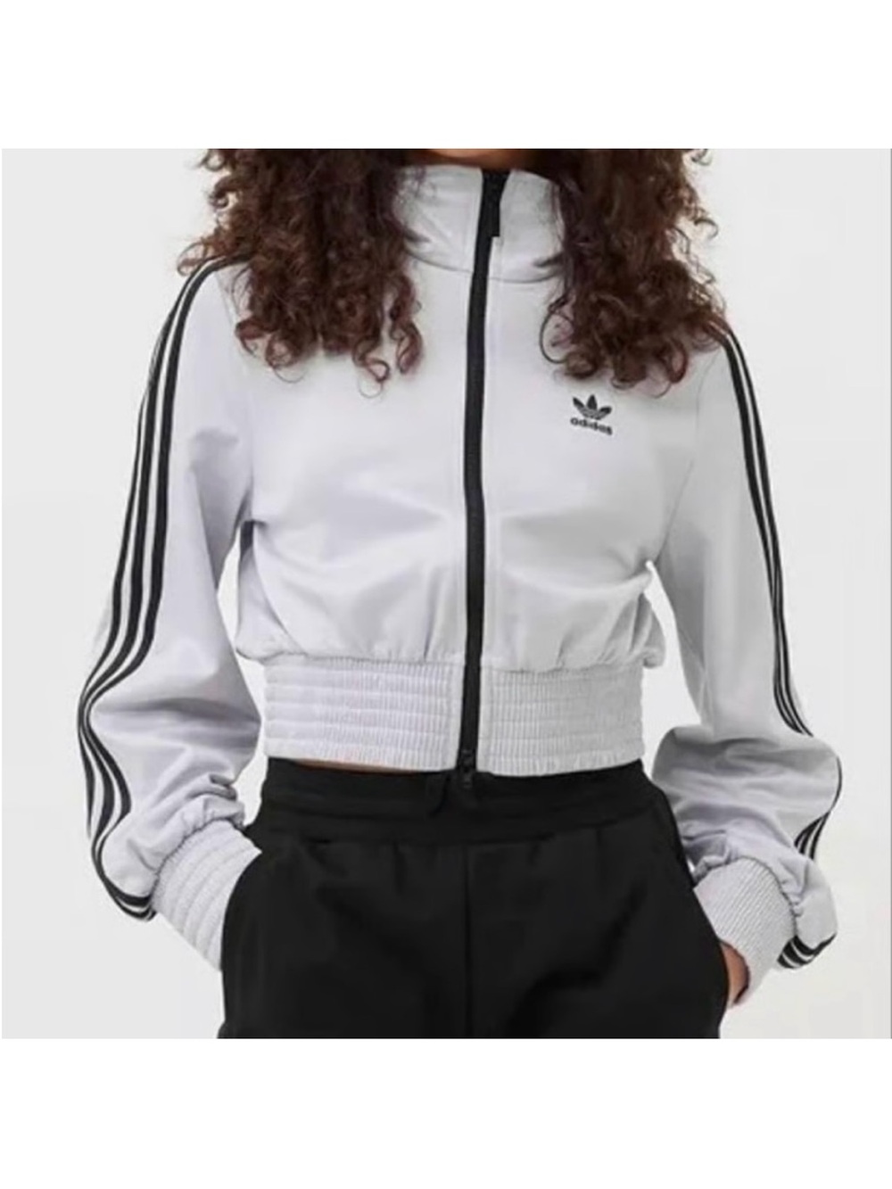 adidas Silver Cropped Track Jacket with Black Stripes.NWOT
